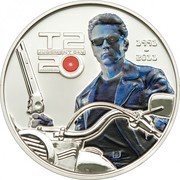 5 Dollars - Elizabeth II Terminator 2; riding motorcycle, Cook Islands, 2011 reverse image