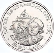 50 Dollars - Elizabeth II Christopher Columbus, Cook Islands, 1989 reverse image