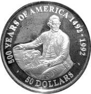 50 Dollars - Elizabeth II Captain James Cook, Cook Islands, 1991 reverse image
