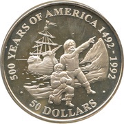 50 Dollars - Elizabeth II Mayflower and Pilgrims, Cook Islands, 1991 reverse image