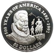 50 Dollars - Elizabeth II Spanish conquistador Pedro de Valdivia, Cook Islands, 1992 reverse image