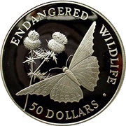 50 Dollars - Elizabeth II Poplar Admiral Butterfly, Cook Islands, 1992 reverse image
