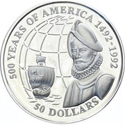 50 Dollars - Elizabeth II Spanish explorer Francisco de Orellana, Cook Islands, 1993 reverse image