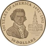 50 Dollars - Elizabeth II Thomas Jefferson, Cook Islands, 1993 reverse image