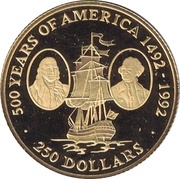 250 Dollars - Elizabeth II 500 Years of America, Cook Islands, 1989-1990 reverse image