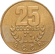 25 Colones 1st coat of arms; magnetic, Costa Rica, 1995 reverse image