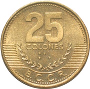 25 Colones 2nd coat of arms; non-magnetic; segmented edge, Costa Rica, 2001-2003 reverse image