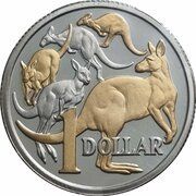 1 Dollar - Elizabeth II 4th Portrait - 30 Years Mob of Roos - Gold Plated, Australia, 2014 reverse image