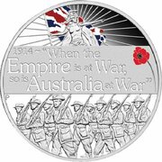 1 Dollar - Elizabeth II 4th Portrait - ANZAC Spirit 100th Anniversary – Declaration of War, Australia, 2014 reverse image