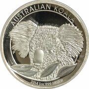 1 Dollar - Elizabeth II 4th Portrait - Koala - Silver Proof - High Relief, Australia, 2014 reverse image