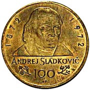 100 Korun Andrej Sladkovič; Trial Strike, Czechoslovakia, 1972 reverse image
