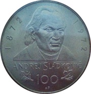 100 Korun Andrej Sladkovič; Trial Strike, Czechoslovakia, 1972 reverse image