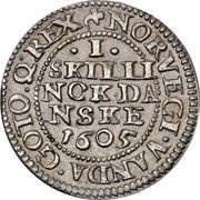 1 Skilling Dansk - Christian IV Oval shield; date under value, Denmark, 1605-1616 reverse image
