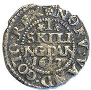 1 Skilling Dansk - Christian IV Oval shield with inward curved sides; date under value reverse image