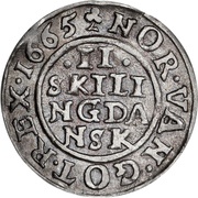 2 Skilling Dansk - Frederik III Shield type V, Denmark, 1664-1665 reverse image