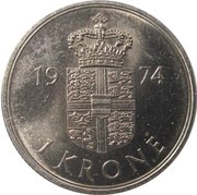 1 Krone - Margrethe II, Denmark, 1973-1989 reverse image