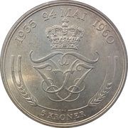 5 Kroner - Frederik IX Silver Wedding Anniversary, Denmark, 1960 reverse image