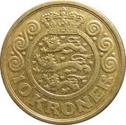 10 Kroner - Margrethe II 3rd portrait, Denmark, 1994-1999 reverse image