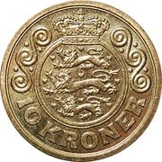 10 Kroner - Margrethe II 4th portrait, 1st arms, Denmark, 2001-2002 reverse image