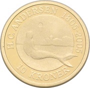 10 Kroner - Margrethe II 4th portrait; Little Mermaid - Gold issue, Denmark, 2005 reverse image