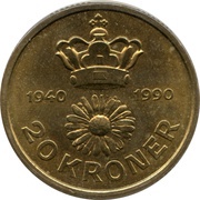 20 Kroner - Margrethe II 50th Birthday, Denmark, 1990 reverse image