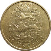 20 Kroner - Margrethe II 4th portrait, 2nd arms, Denmark, 2003-2010 reverse image