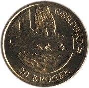 20 Kroner - Margrethe II 4th portrait; Færøbåd, Denmark, 2009 reverse image