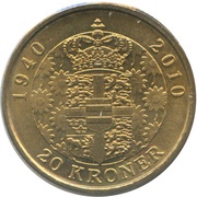 20 Kroner - Margrethe II 70th years Birthday, Denmark, 2010 reverse image