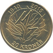 20 Kroner - Margrethe II Queen Margrethe II, Denmark, 2015 reverse image