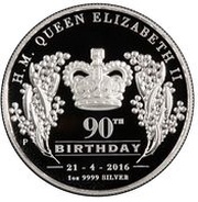 1 Dollar - Elizabeth II 4th Portrait - 90th Birthday - Silver Coin, Australia, 2016 reverse image