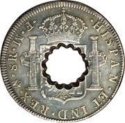 11 Bits Crenated center hole in Mexico 8 Reales, KM# 106 reverse image