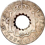 11 Bits Crenated center hole in Peru 8 Reales, KM# 97 reverse image