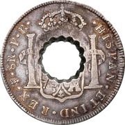 11 Bits Crenated center hole in Bolivia 8 Reales, KM# 55 reverse image