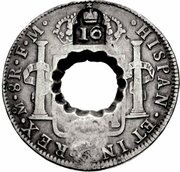 16 Bits Crenated center hole in Mexico 8 Reales, KM# 106.2a reverse image