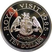 10 Dollars - Elizabeth II Royal Visit; Silver Proof Issue, Dominica, 1985 reverse image