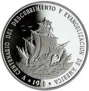 1 Peso Santa Maria, Pinta and Niña; Silver Proof Piedfort, Dominican Republic, 1988 reverse image