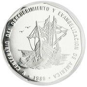 1 Peso Sailship Landing; Silver, Dominican Republic, 1989 reverse image