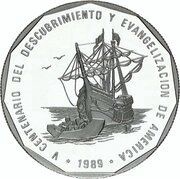 1 Peso Sailship Landing; Silver Proof Piedfort, Dominican Republic, 1989 reverse image
