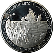 100 Pesos Sighting of the Ships; Silver, Dominican Republic, 1988 reverse image