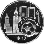 10 Dollars - Elizabeth II World Cup Soccer, Eastern Caribbean States, 1994 reverse image