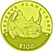 100 Dollars Black rhinoceros reverse image