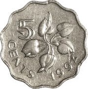 5 Cents - Mswati III 1st portrait, magnetic, Eswatini, 1992 reverse image