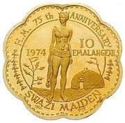10 Emalangeni - Sobhuza II 75 Anniversary of the King, Eswatini, 1974 reverse image