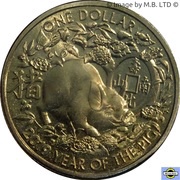 1 Dollar - Elizabeth II 4th Portrait - Year of the Pig - Crouching Pig, Australia, 2019 reverse image