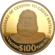 100 Dollars - Elizabeth II Centenary of Cession to Great Britain, Fiji, 1974 reverse image