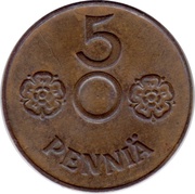5 Pennia without center hole, Finland, 1941-1943 reverse image