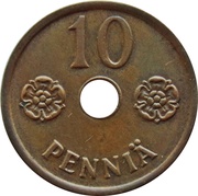 10 Pennia with center hole, Finland, 1941-1943 reverse image