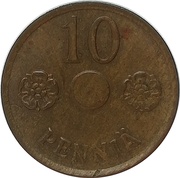 10 Pennia without center hole, Finland, 1941-1943 reverse image