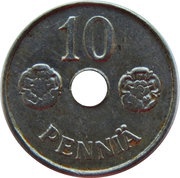 10 Pennia with center hole, Finland, 1943-1945 reverse image