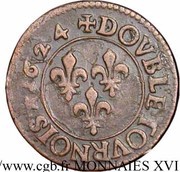 Double Tournois - Louis XIII Riom mint; 3rd type, France, 1624-1625 reverse image